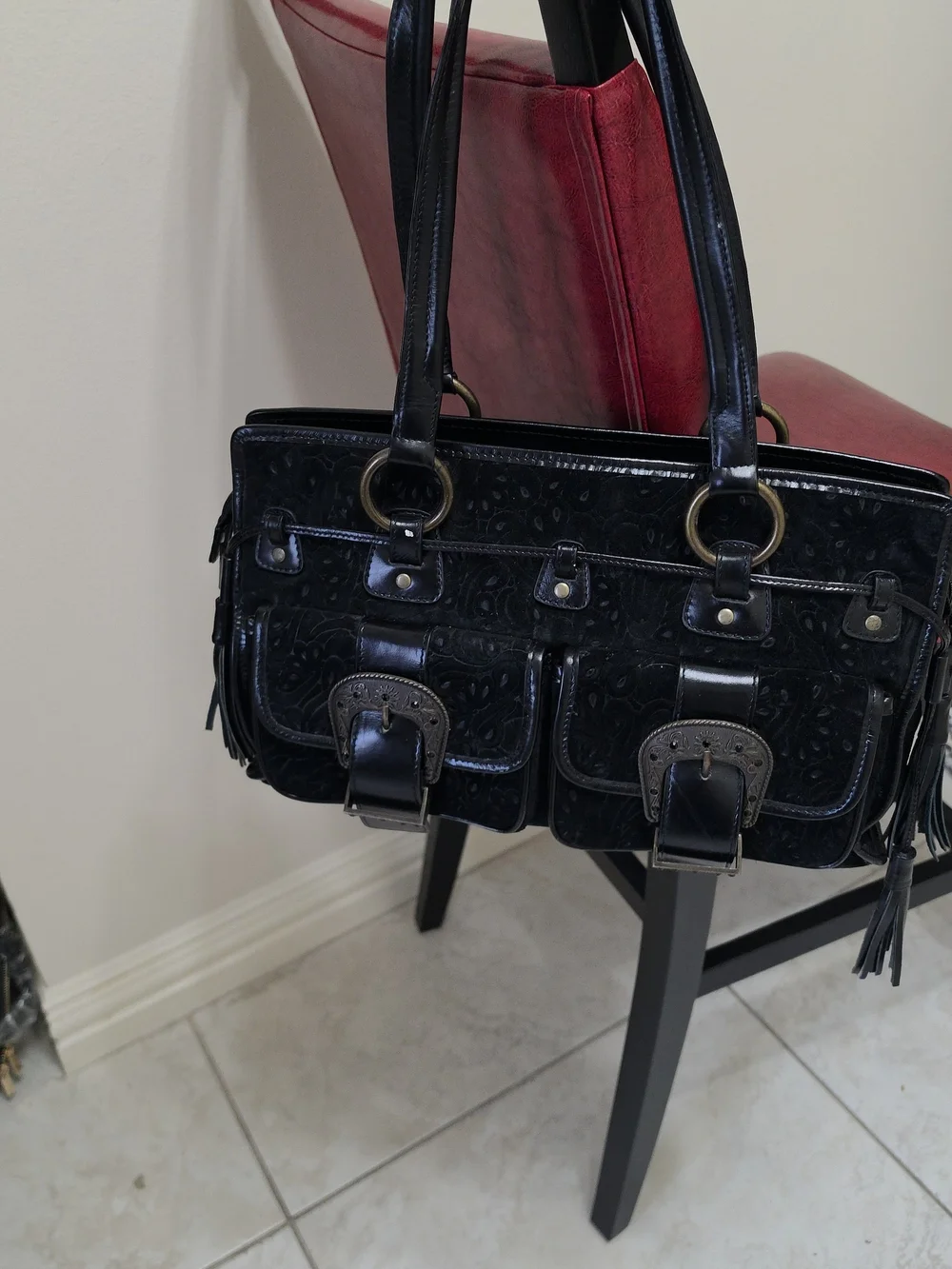 Black Embossed Leather Shoulder Bag with Buckle Pockets